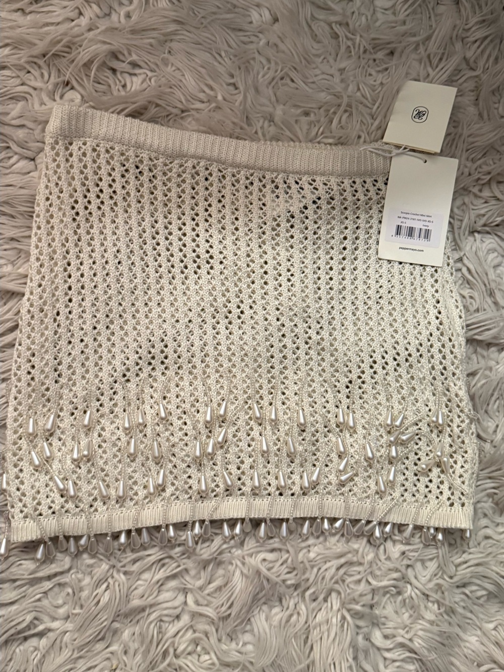 Pepper mayo Beaded Ivory Crochet Knit m Skirt pearls